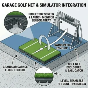 Integration guide for a golf hitting mat for garage simulator and net setups.
