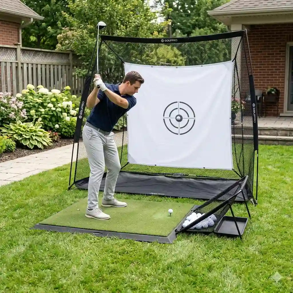 A comprehensive setup of foldable golf practice equipment including a hitting net and turf mat in a backyard.