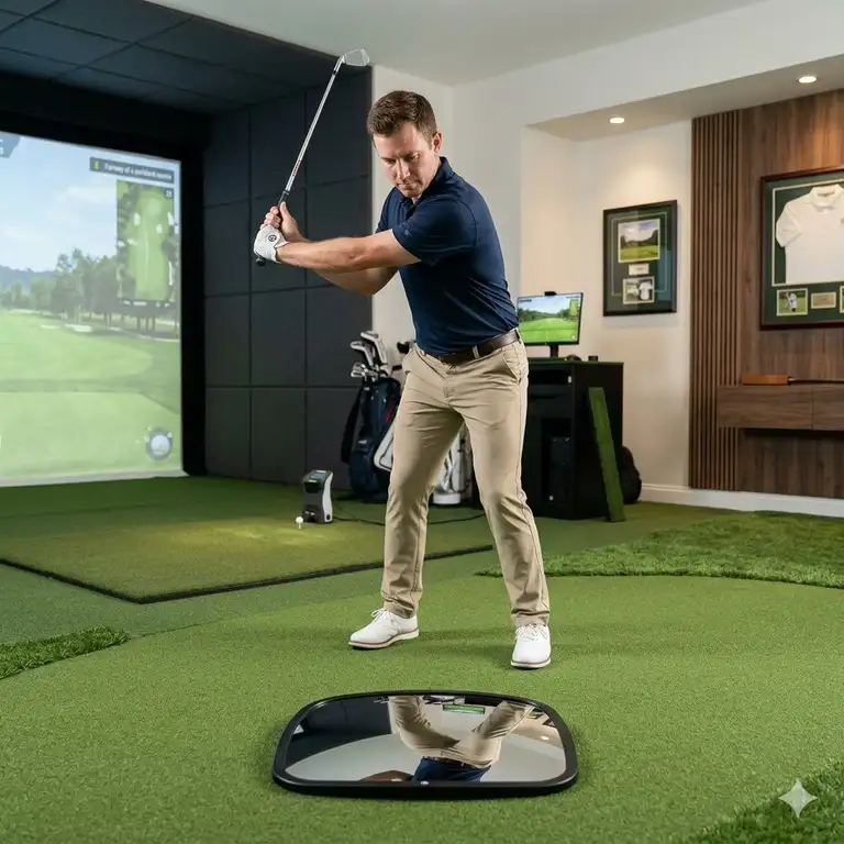 A professional golf training mirror indoor setup for perfecting your swing alignment.