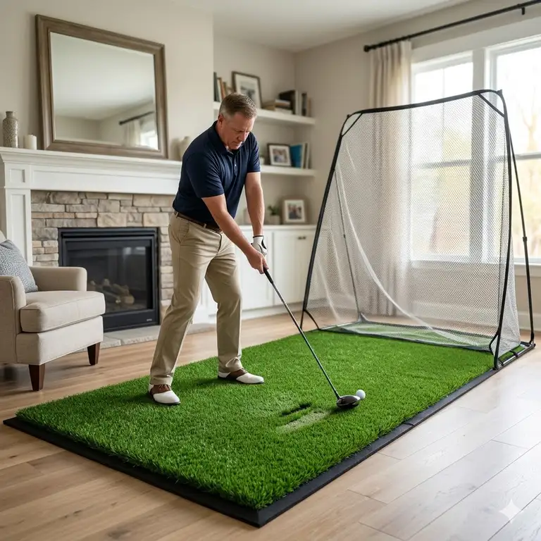 A premium golf turf mat for home practice set up in a living room with a golfer taking a swing.