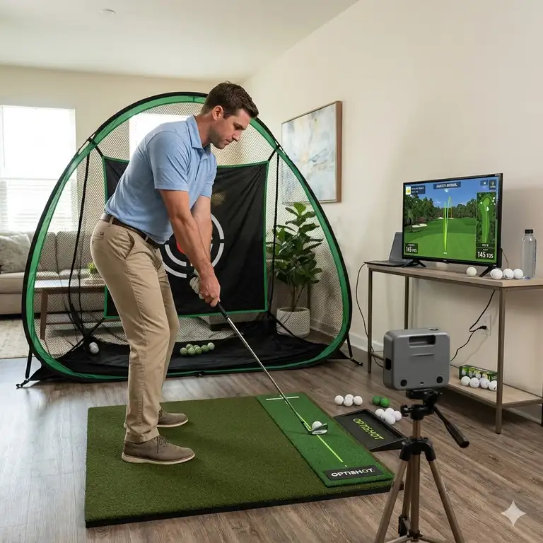 A golfer using compact golf practice equipment in an indoor living space setup.