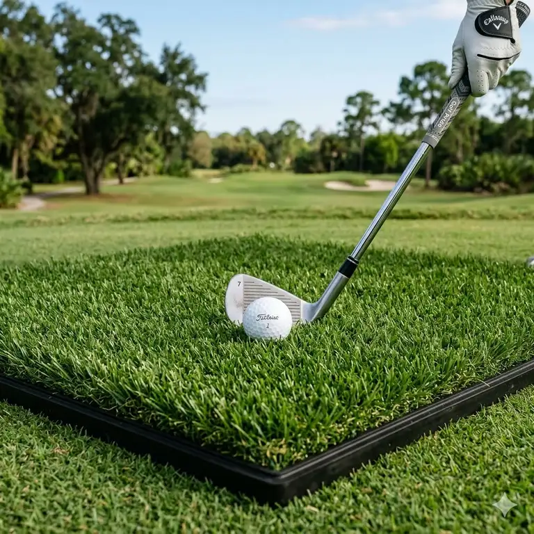 A professional golfer practicing a full swing on a premium golf practice mat real feel turf in a sunny backyard.