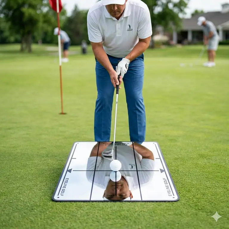 A golfer using a golf putting alignment mirror on the green to check their eye and shoulder alignment before a putt.