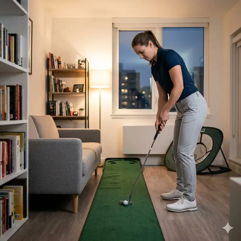 A golfer practicing their swing with golf training aids for small spaces inside a modern apartment living room.