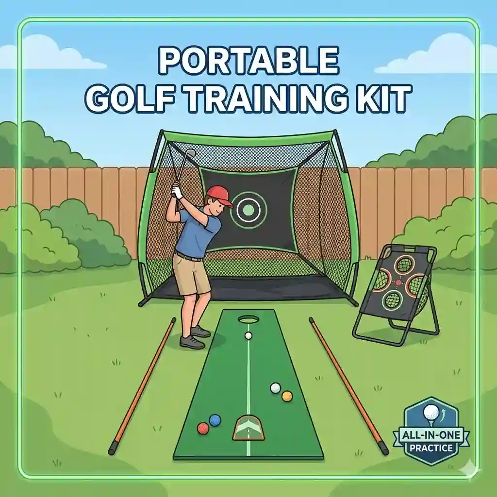 1: A complete portable golf training kit set up in a backyard.