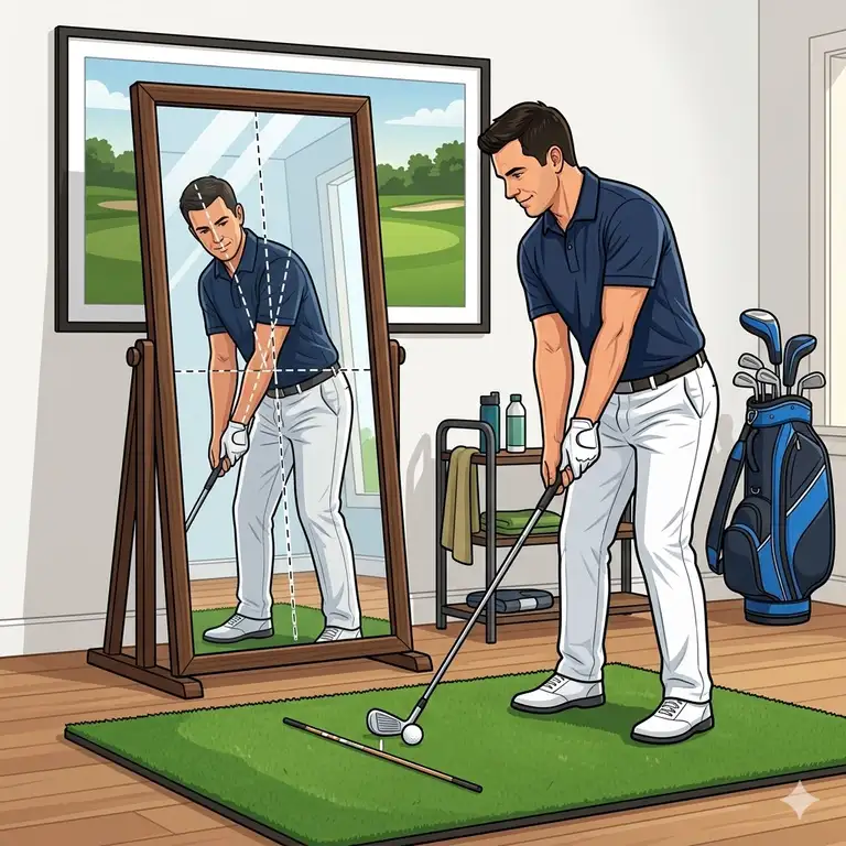 A golfer using a full-length golf swing mirror practice setup at home to check body alignment and posture.