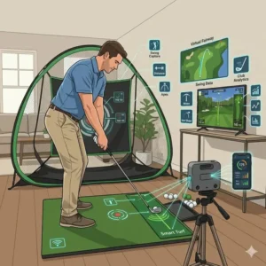 Illustration of a smart home simulator acting as compact golf practice equipment for small rooms.