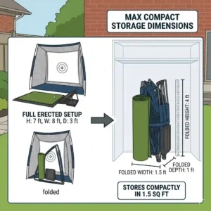 Diagram showing the compact storage dimensions of foldable golf practice equipment when fully collapsed.