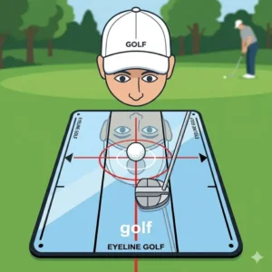 Illustration demonstrating proper eye alignment using a golf putting alignment mirror to eliminate parallax error.