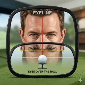 Close-up of a golf training mirror indoor showing correct eye alignment over the ball.