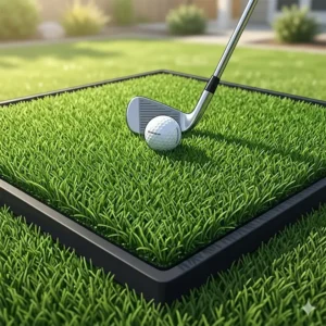 Close-up macro shot of dense synthetic grass fibers on a golf practice mat real feel providing a fairway experience.