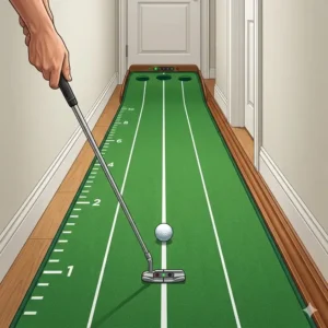 An indoor smart putting mat with alignment lines setup as golf training aids for small spaces in a narrow hallway.