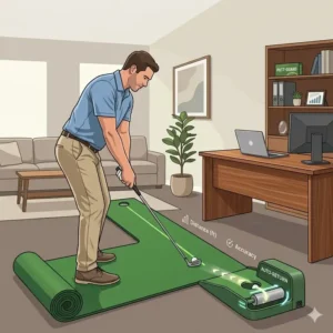 An automatic ball-return putting green designed as effective compact golf practice equipment.