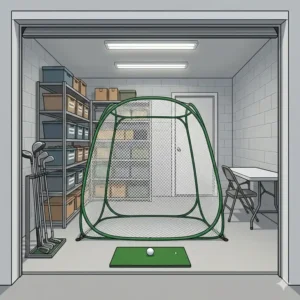 A compact pop-up hitting net deployed in a garage as golf training aids for small spaces.