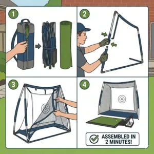 Step-by-step assembly guide for the easy setup of foldable golf practice equipment.