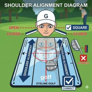 Diagram showing how a golf putting alignment mirror helps players keep their shoulders square to the target line.