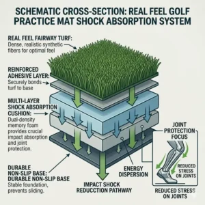 Diagram showing the multi-layer shock absorption base of a golf practice mat real feel and joint protection.