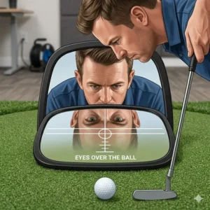 Using a portable golf training mirror indoor on a carpeted office floor for practice.