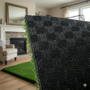 The heavy-duty non-slip rubber base of a golf turf mat for home practice designed for stability.