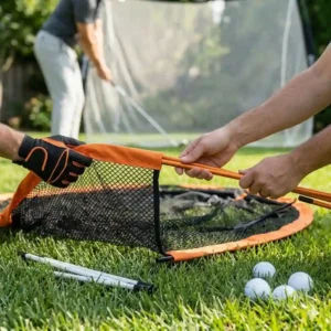 3: Two people setting up a portable golf training kit in the yard.