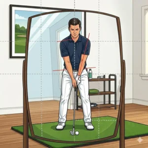 A portable outdoor golf swing mirror practice station positioned on a lawn for real-time swing feedback.