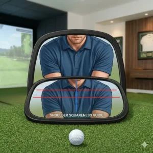 An illustration of shoulder alignment markings on a golf training mirror indoor.
