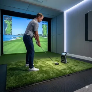 A modern home golf simulator setup featuring a large golf practice mat real feel turf and a launch monitor.