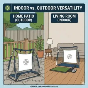 Illustration comparing indoor and outdoor versatility of the foldable golf practice equipment.