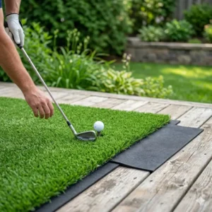 A portable golf turf mat for home practice placed on an outdoor backyard patio.