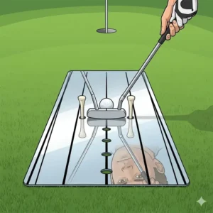 An illustration of a golf putting alignment mirror with tee pegs inserted to practice a centered putter face strike.