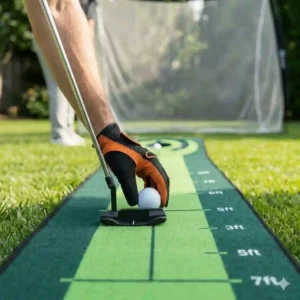 4: A golfer using the putting mat in a portable golf training kit.