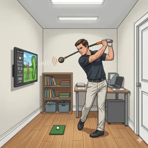 A golfer using a weighted swing stick connected to a simulator screen as golf training aids for small spaces.