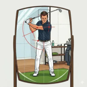 Close-up of a golfer verifying their backswing position using a convex golf swing mirror practice tool.