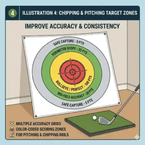 Detailed view of accuracy target zones on the foldable golf practice equipment net.