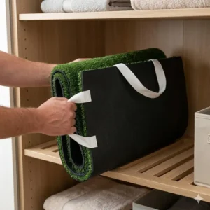 A lightweight and foldable golf turf mat for home practice being stored easily after use.