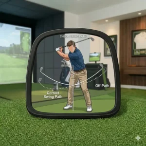 Monitoring full swing path using a large golf training mirror indoor studio.