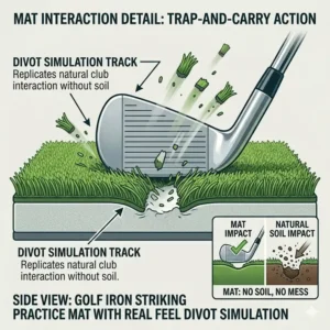 Side view of a golf iron striking a golf practice mat real feel illustrating the interaction of taking a divot.