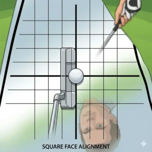 Graphic showing a putter face aligned perfectly square to the target using a golf putting alignment mirror.