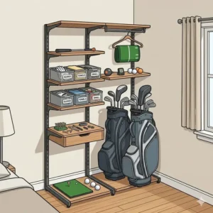 A vertical equipment organizer rack serving as golf training aids for small spaces to store golf bags neatly in a bedroom corner.