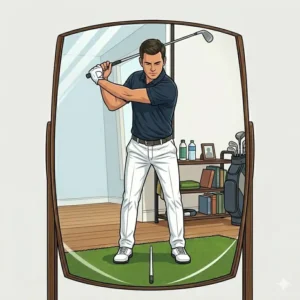 A golfer performing slow-motion drills in front of a golf swing mirror practice mirror in a living room.