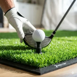 A golf turf mat for home practice featuring a hole for adjustable rubber tees.