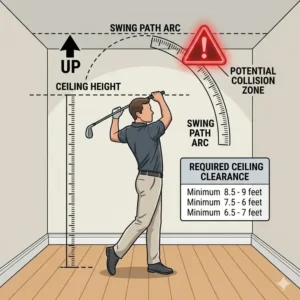 A technical diagram illustrating minimum ceiling height required when using golf training aids for small spaces.