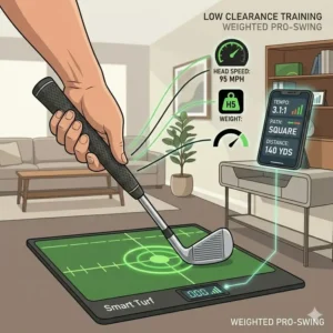 A weighted swing trainer used as essential compact golf practice equipment for indoor training.