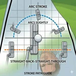Illustration mapping the ideal putter path over the guidelines of a golf putting alignment mirror.