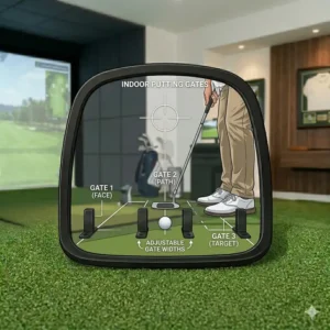 A golf training mirror indoor equipped with adjustable putting gates for accuracy.