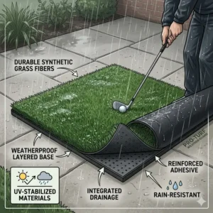 A durable, all-weather golf practice mat real feel grass being used on an outdoor patio during light rain.