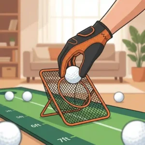 6: A portable golf training kit set up for practice in an indoor living room.