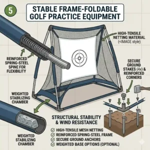 Technical drawing of the stability features and reinforced frame of the foldable golf practice equipment.