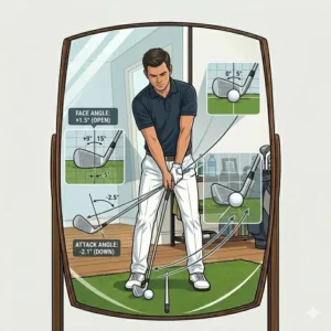 Analyzing the clubface angle at the point of impact through a golf swing mirror practice aid.