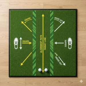 An illustrative diagram of a golf turf mat for home practice showing swing path alignment.